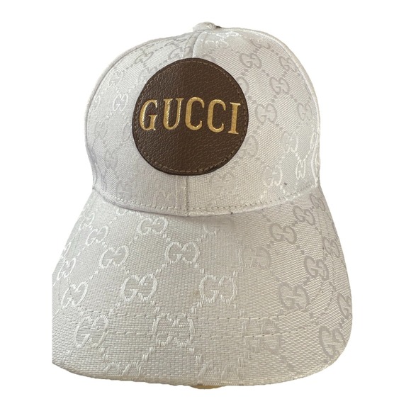 GUCCI Monogram Wool Cashmere Baseball‎ Hat White Brown Leather Logo Patch OSFM